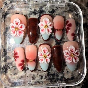 Floral Almond Shape Hand Painted Press on Nails with Red and Cream Accents